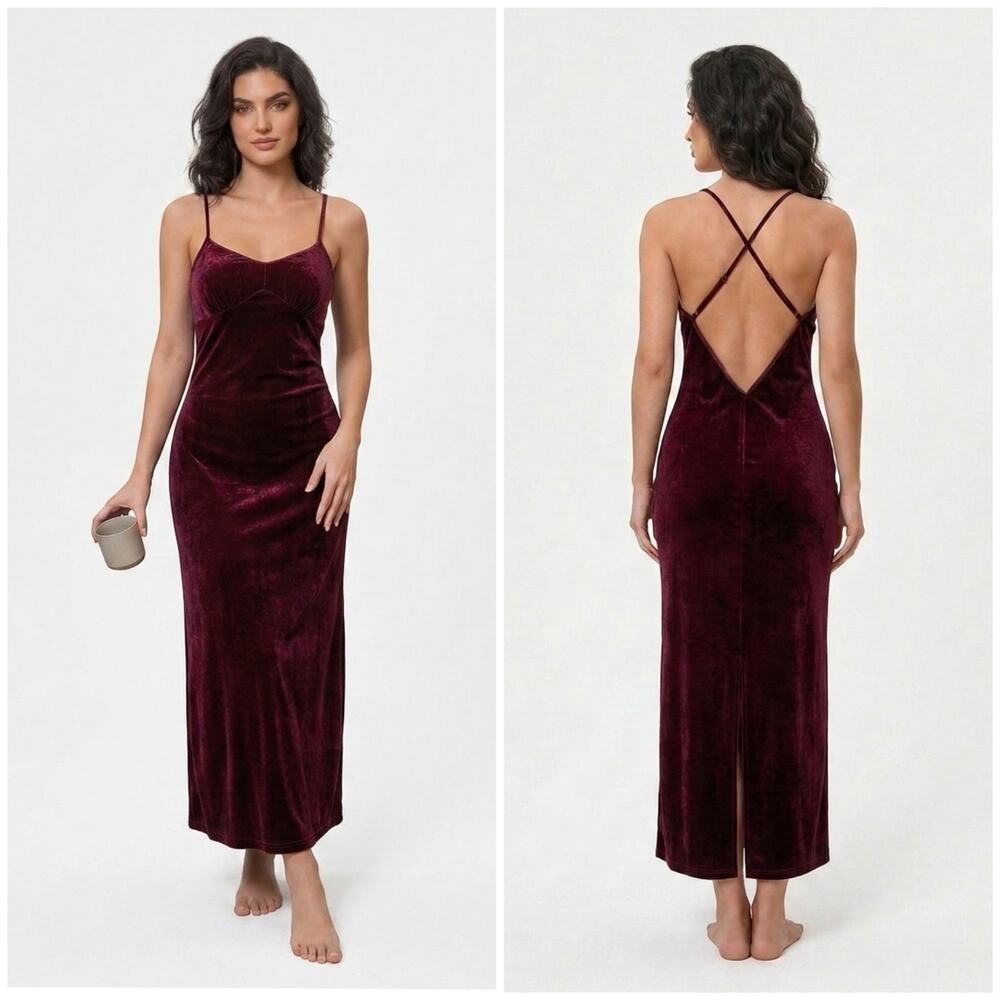 Vintage Claire’s Rose velvet slip maxi nightgown deep back plunge size Large